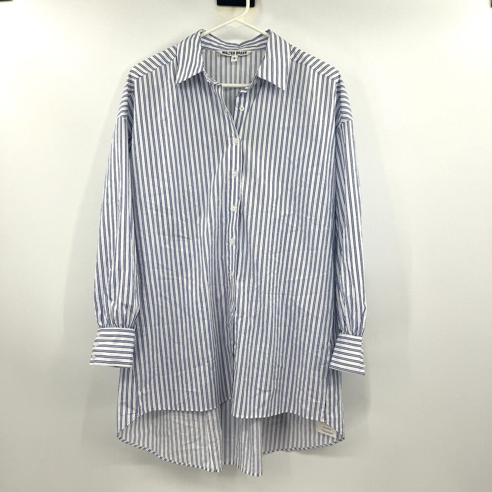 Walter Baker Blue White Striped Cotton Oversized Tunic Shirt Dress Smocked S